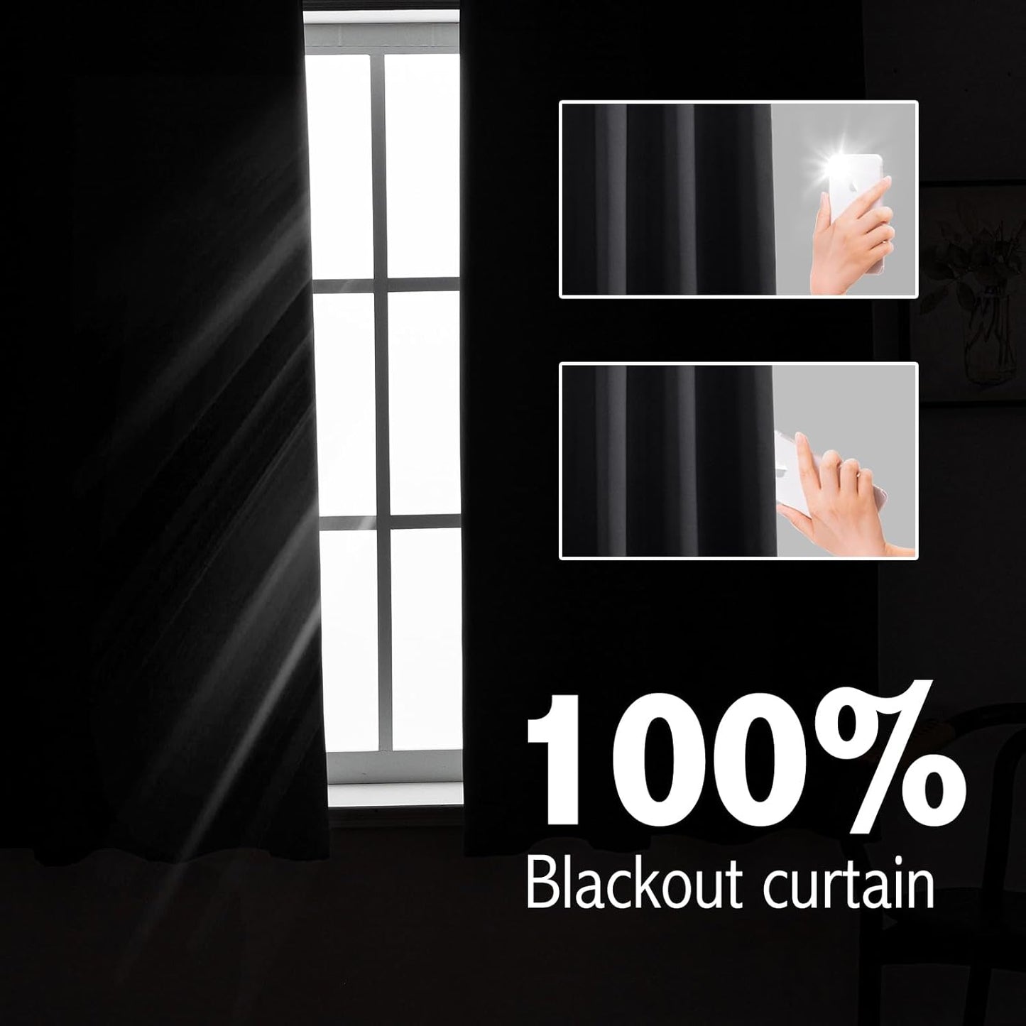 Anytime 100% Blackout Curtain Set, Thermal Insulated & Energy Efficiency Window Draperies for Guest Room, Full Shading Panels for Shift Worker and Light Sleepers（Black, 2 Panels, 42W x 63L）