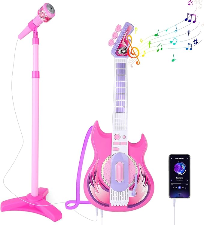deAO Kids Guitar and Microphone Play Set with Stand for Girls, Musical Guitar Play Set, Adjustable Height Guitar Toys Karaoke Music Toys Birthday Gifts for Kids Boys Girls Toddlers