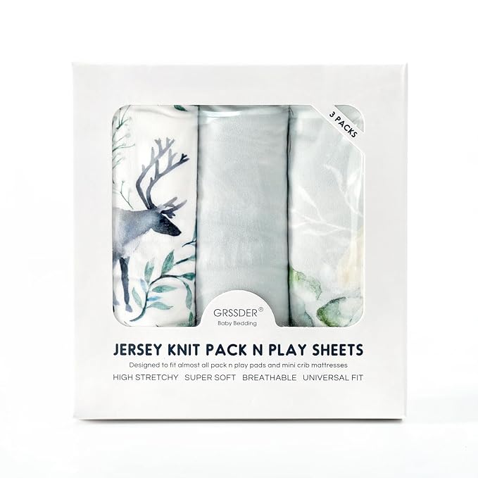 Stretchy Ultra Soft Jersey Knit Pack and Play Sheets Set 3 Pack, Portable/Mini Crib Sheets for Baby Girls, Universal Fit for Pack N Plays Safe and Snug, Stylish Print