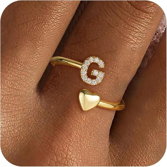 Gold Initial Rings for Women Girls, Dainty 14K Gold Plated Adjustable Initial Rings Cute Heart Zirconia Ring for Women Teen Girl Gifts