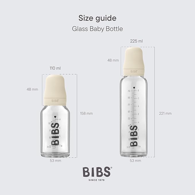 BIBS Baby Glass Bottle. Anti-Colic. Round Natural Rubber Latex Nipple. Supports Natural Breastfeeding, Complete Set - 110 ml, Cloud