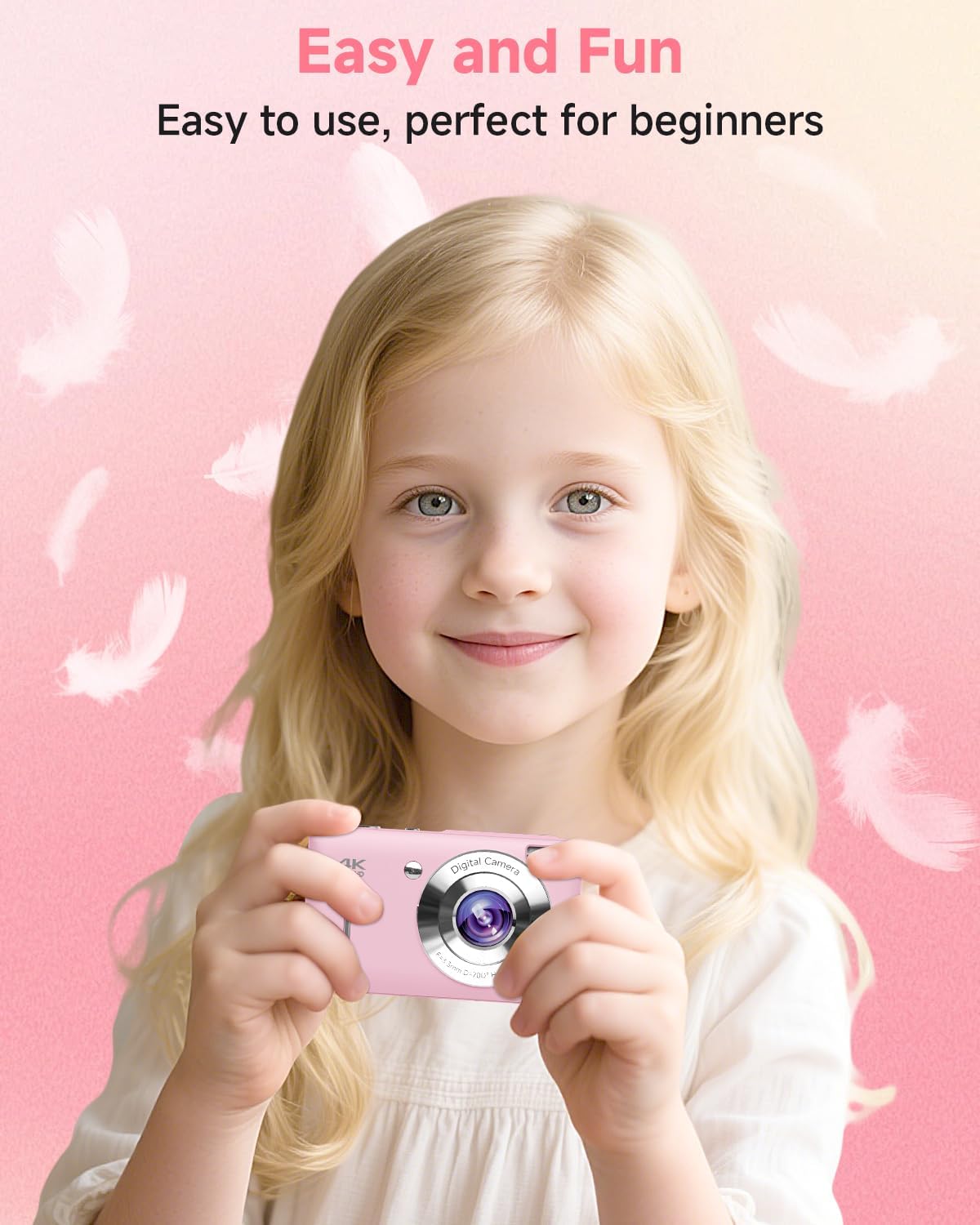 Digital Camera, 44MP FHD 1080P, 16X Zoom, 32GB SD Card, Compact Camera for Kids Teens Adults, Pink