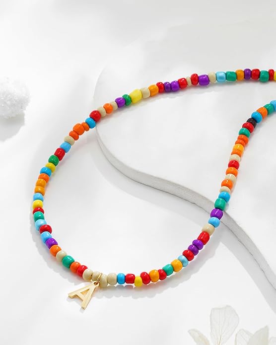 Colorful Initial Necklaces for Girls Women - Cute Beaded Choker Initial Necklace Teen Girl Gifts Trendy Stuff, Bohemian Letter Necklace Personalized Gifts for Girls Women Jewelry