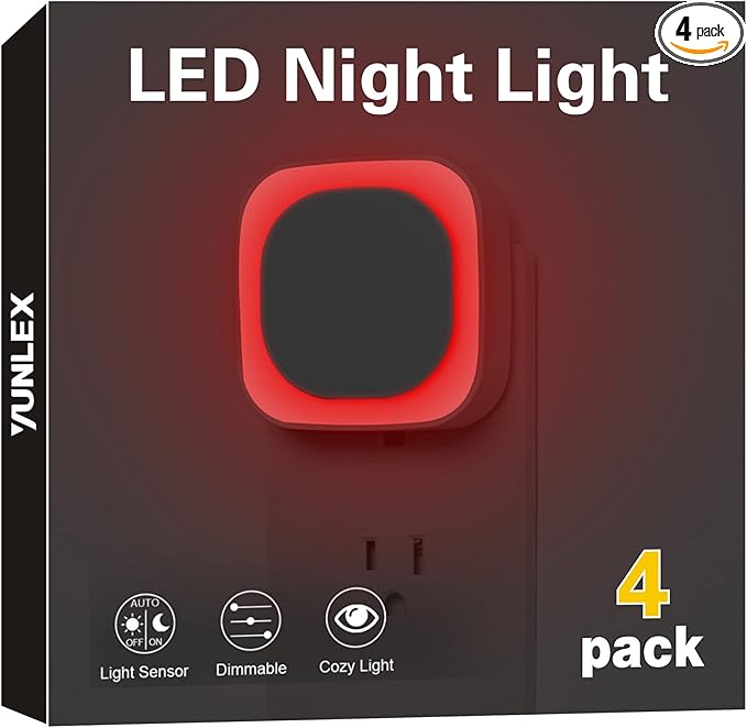 4 Pack Plug in Red Sleep Night Light, Auto Dusk to Dawn, Soft Glow, Dimmable Diffused Light, LED Lights for Bedroom, Sleep, Baby Nursery, Kids, Toddler, Bathroom, Hallway, Home Decor