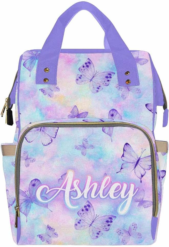 Custom Baby Bag Shoulders Bag Personalized Diaper Bags Mommy Daypack Customized Backpack Multifunction Mommy Diaper Bag Personalized Name Bag, Rainbow Butterflies