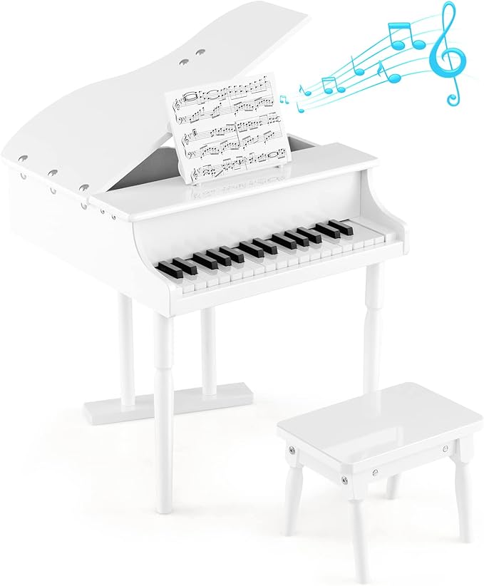 HONEY JOY Classical Kids Piano, 30-Key Mini Grand Piano with Music Stand and Bench, Wooden Musical Instrument Toy w/Lid & Music Rack, Gift for Boys Girls Ages 3+ (3 Straight Leg-White)