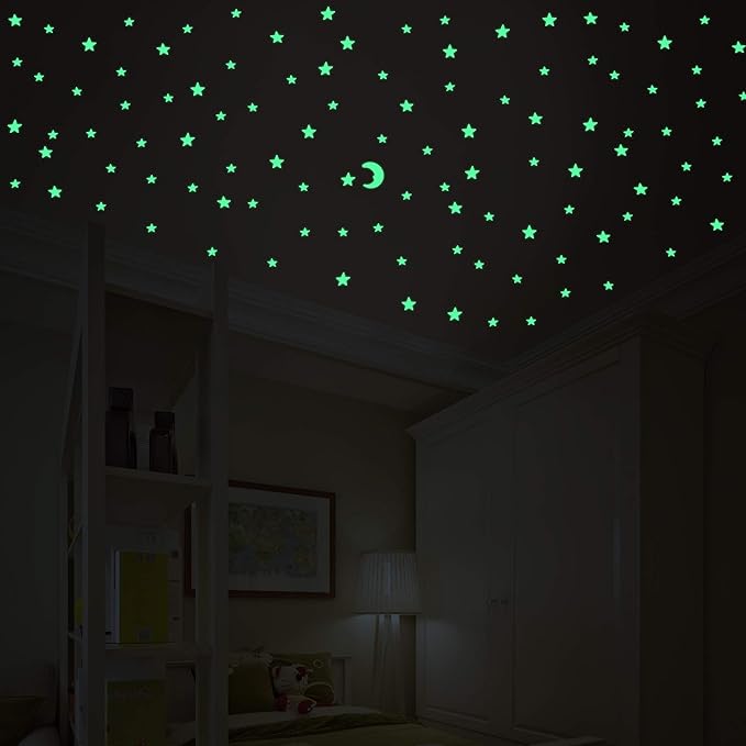 100 Pcs Colorful Glow in The Dark Luminous Stars and Moon Fluorescent Noctilucent Plastic Wall Stickers Murals Decals for Home Art Decor Ceiling Wall Decorate Kids Babys Bedroom Room Decorations