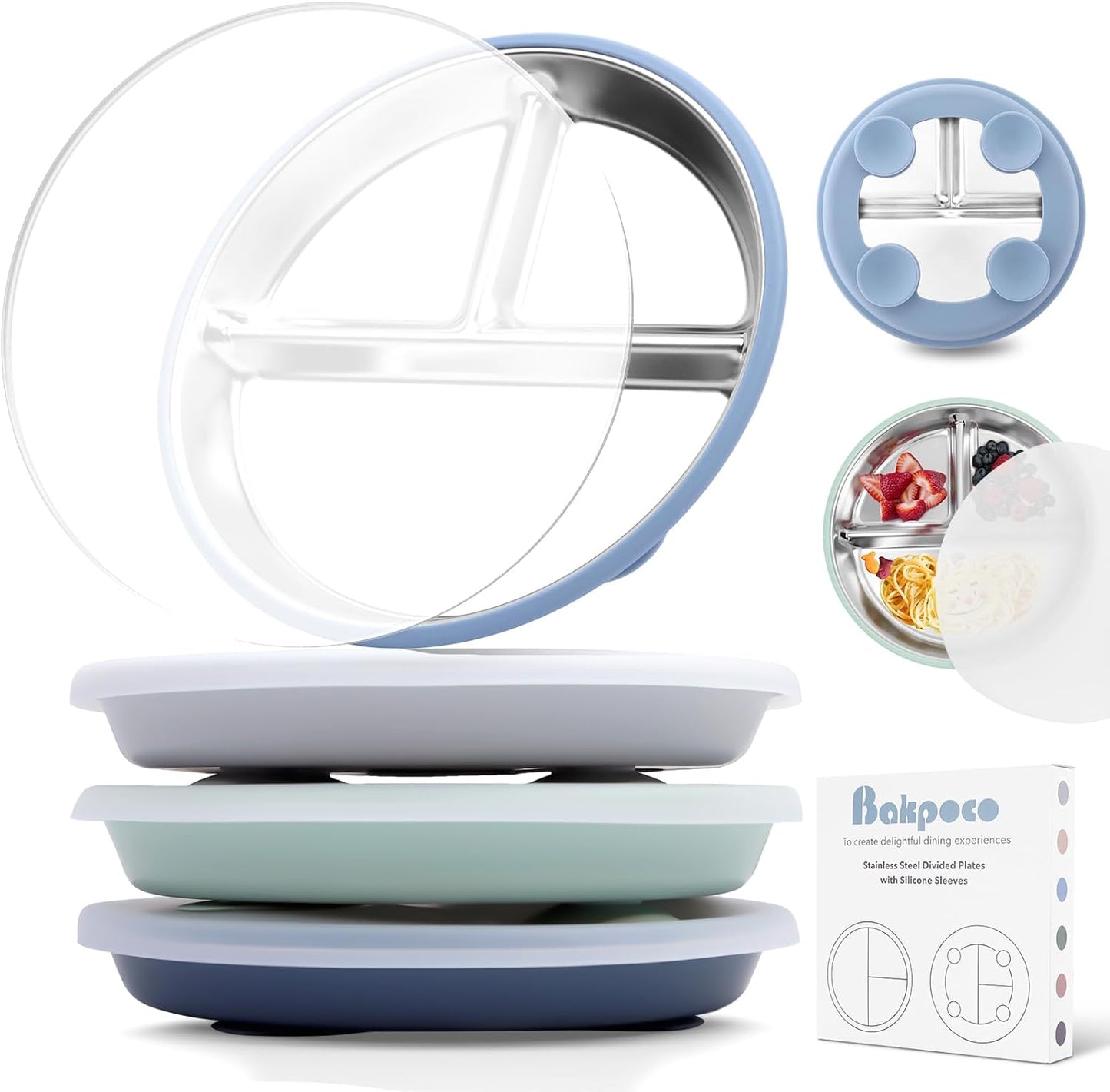 Stainless Steel Toddler Suction Plate with Lid, Deepened 9" Divided Plates with Removable Silicone Sleeves for Kids, Non Toxic Unbreakable Snack Dishes Set of 4, Sage Blue Gray Navy