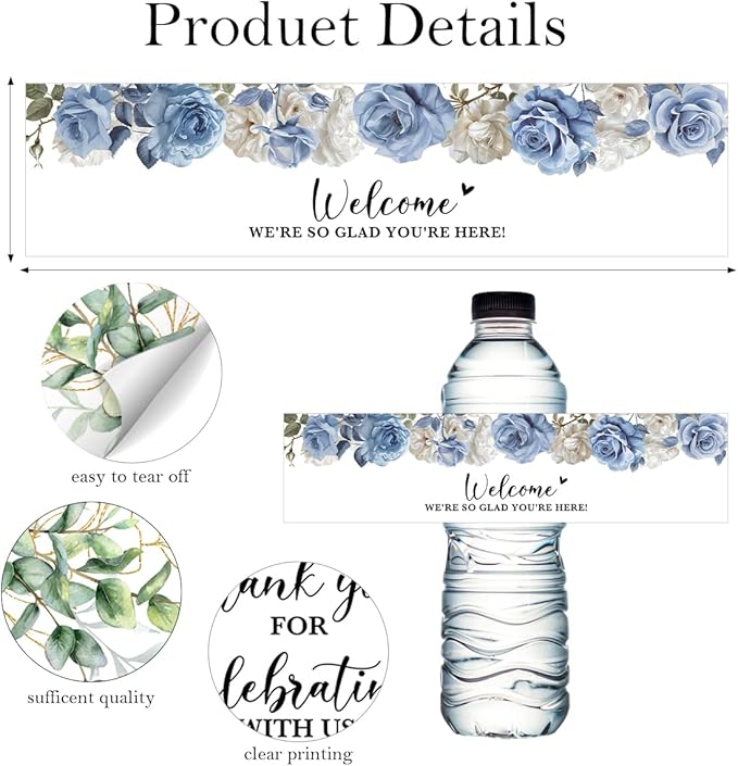 100PCS Wedding Water Bottle Labels Waterproof Greenery Floral Wraps Sticker for Water Bottle Baby Shower Bottle Label for Bridal Shower Party Welcome A06