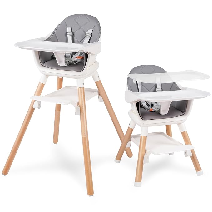 6 in 1 Baby High Chair, Convertible Wooden High Chairs/Booster Seat for Babies and Toddlers, Baby Feeding Chair with 5-Point Harness/Double Removable Tray & Adjustable Footrest (Grey)
