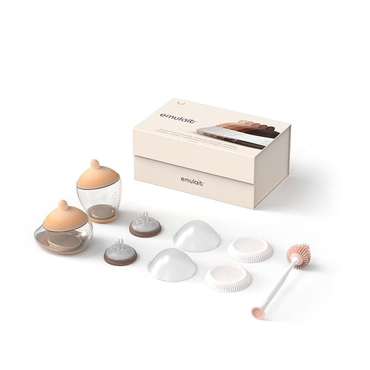 Emulait Baby Bottle Starter Kit Includes 2 Bottles 2 Nipples 2 Caps 2 Lids 2 Responsive Flow Valves, Cleaning Brush - Light - Shape 1-RFV