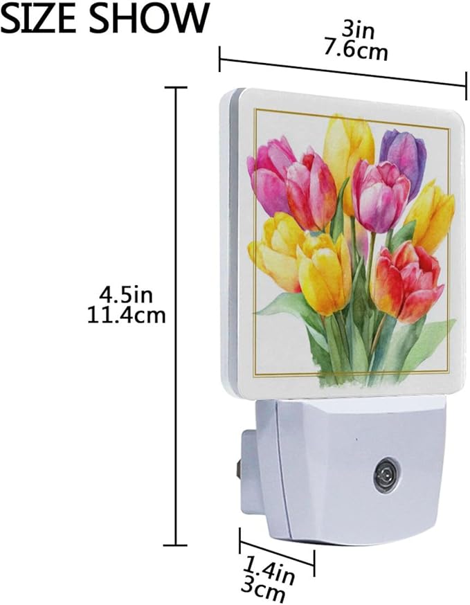 Aslsiy Night Light for Kids Watercolor Tulips in Vibrant Colors (4) Plug in Wall Lamp LED Dusk to Dawn Sensor Energy Saving Nightlight for Boys Girls Men Women