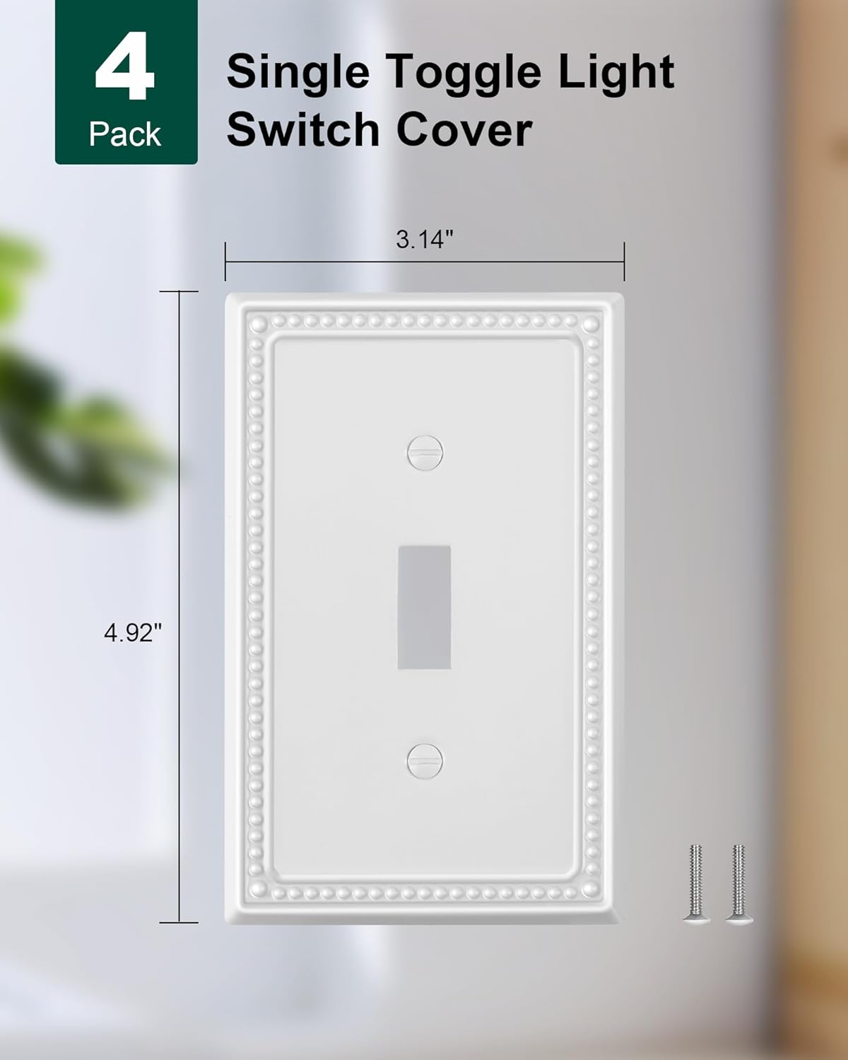 4-Pack Single Toggle Light Switch Cover Plate, Pearls Decorative Switch Plate Covers, Pure White 1 Gang Metal Wall Plate, Corrosion Resistant