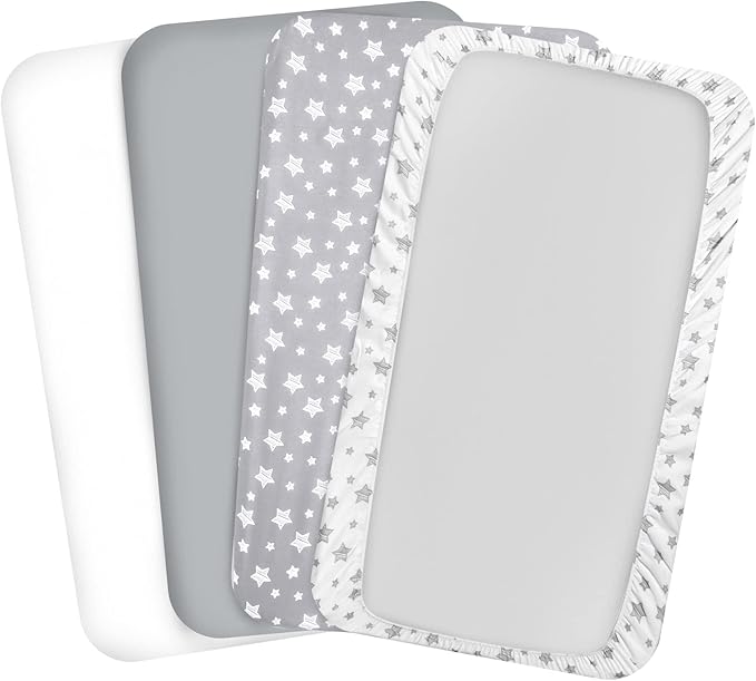 Pack and Play Sheets, 4 Pack Mini Crib Sheets, Stretchy Pack n Play Playard Fitted Sheet, Compatible with Graco Pack n Play, Soft and Breathable Material, Grey