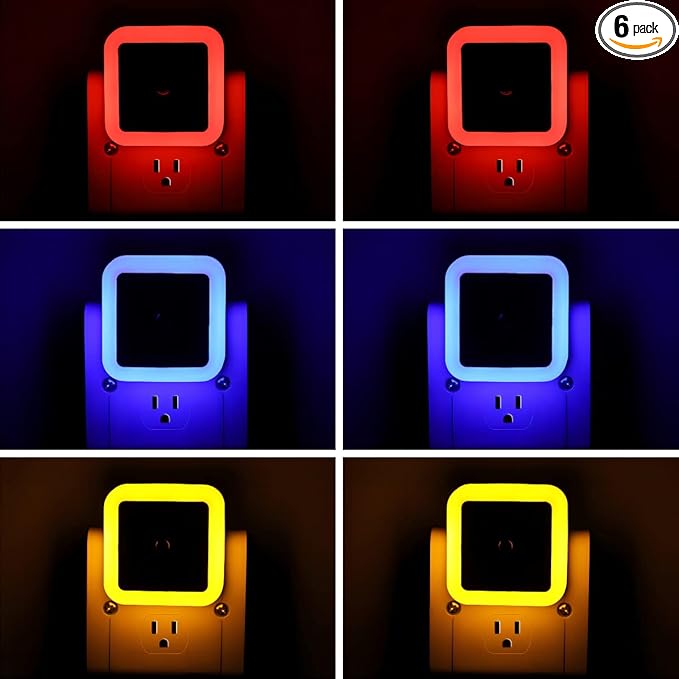KINUR 6 Pack LED Night Light, LED Night Lights Plug into Wall with Dusk to Dawn sensors for Bathroom, Baby Nursery,Stair Lights, Hallway Light, Red, Blue, Amber