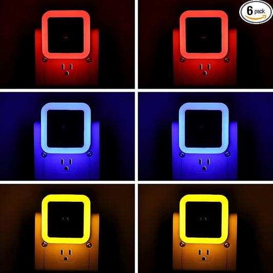 KINUR 6 Pack LED Night Light, LED Night Lights Plug into Wall with Dusk to Dawn sensors for Bathroom, Baby Nursery,Stair Lights, Hallway Light, Red, Blue, Amber