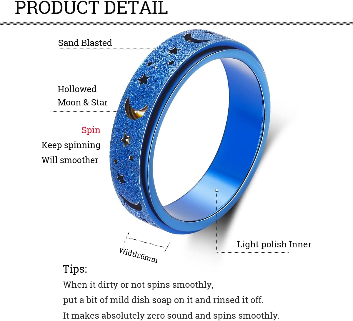 OreilleStar Anxiety Ring for Women Spinner Ring Fidget Toys Adults Stainless Steel Fidget Ring Spinner Rings for Anxiety Fidget Ring for Women Anxiety Fidget Ring Men Moon Star Blue 6