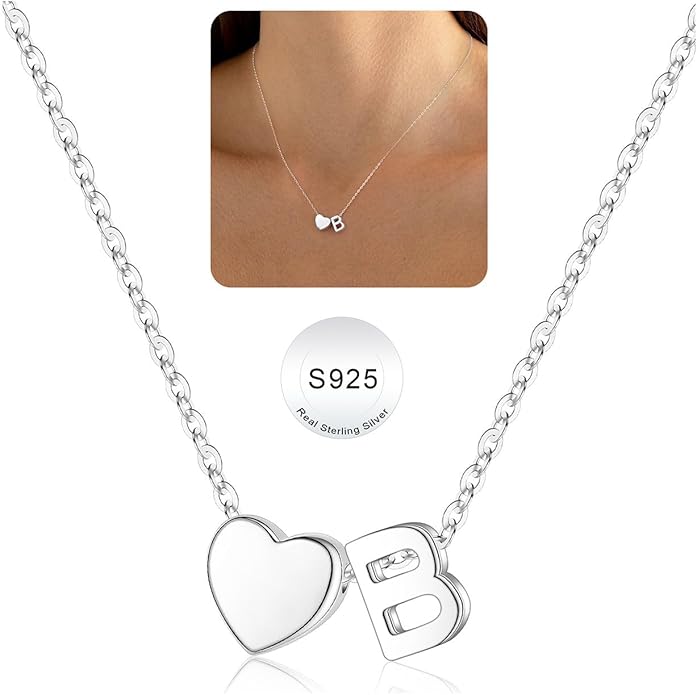 Turandoss S925 Sterling Silver Heart Initial Necklaces for Girls Teen Girls, Dainty S925 Sterling Silver Tiny Heart Initial Necklace Letter Necklaces Trendy Jewelry Gifts for Girls Teen Girls