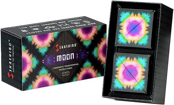 SHASHIBO Shape Shifting Box - Award-Winning, Patented Fidget Cube w/ 36 Rare Earth Magnets - Transforms Into Over 70 Shapes, Gift Box, Download Fun in Motion Toys Mobile App (Moon, 2 Pack)
