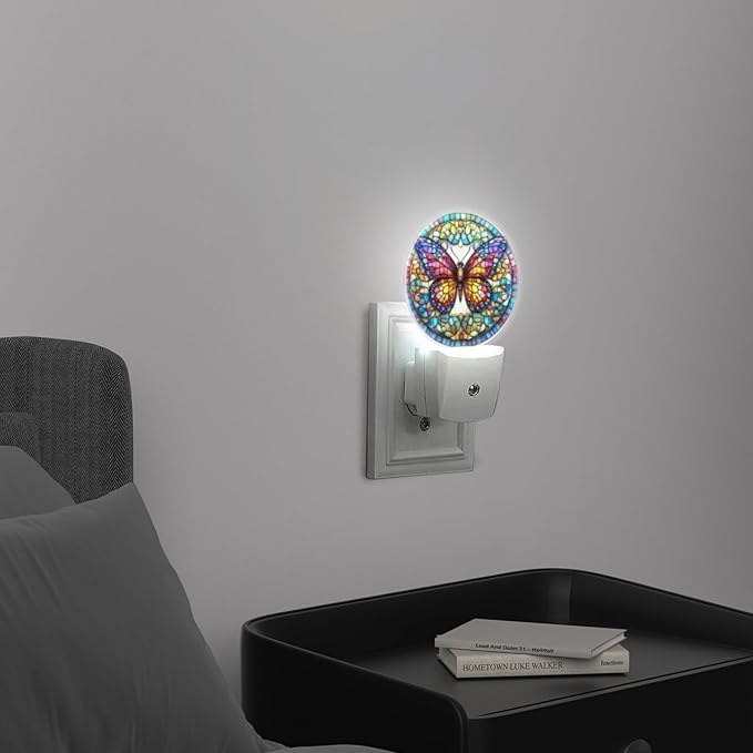Round LED Night Lights Lamp with Dusk to Dawn Sensor, Stained Glass Art of Colorful Butterfly Mandala Night Light Plug Into Wall for Kids Room, Bedroom, Bathroom, Kitchen, Hallway