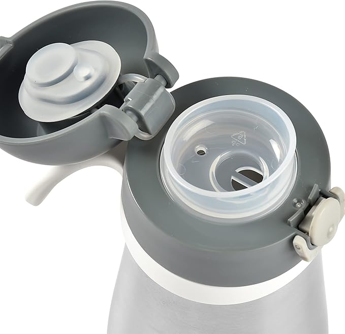 BEABA Kids Stainless Steel Insulated Water Bottle, Kids Water Bottle, Toddler Thermos with Spill Proof Spout and Close Top, Perfect for Travel, (Charcoal)