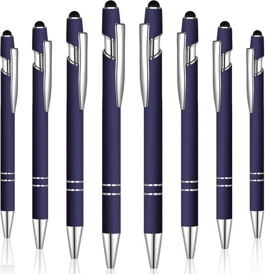 8 Pieces Ballpoint Pen with Stylus Tip Black Ink 2 in 1 Stylus Metal 1.0 mm Medium Point Smooth Pen Rainbow Colorful Rubberized Ballpoint for Touch Screen Tablet(Dark Blue)