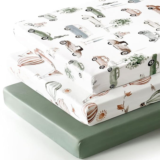 GRSSDER Pack n Play Sheets Fitted 3 Pack, Stretchy Ultra Soft Jersey Knit Pack and Play Sheets, Universal Fitted Portable/Mini Crib Mattresses Snug and Safe, Neutral Pattern of Cars Print