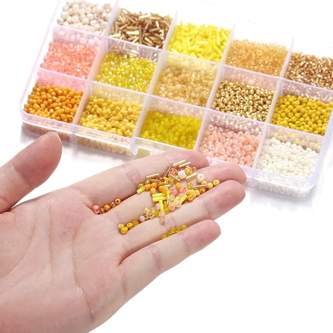 15 Color 4mm Small Assorted Glass Seed Beads,3mm Bugle Beads Friendship Bracelet Kit,2mm Tiny Tube Bead for Jewelry Making(Yellow)