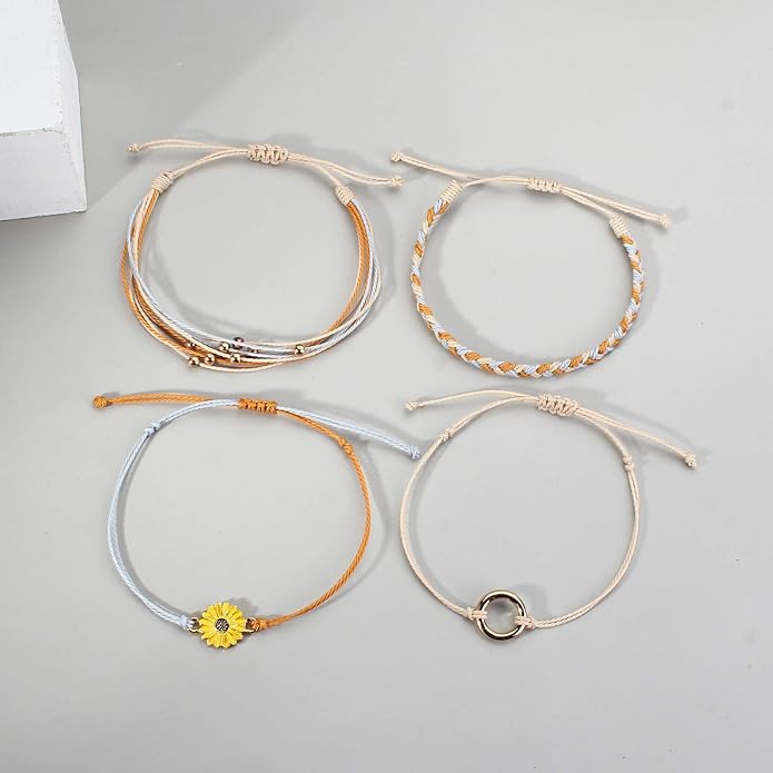 FANCY SHINY Sunflower String Bracelet Boho Braided Rope Wrap Bracelets Cute Summer Beach Surfer Jewelry for Women Christmas Gifts