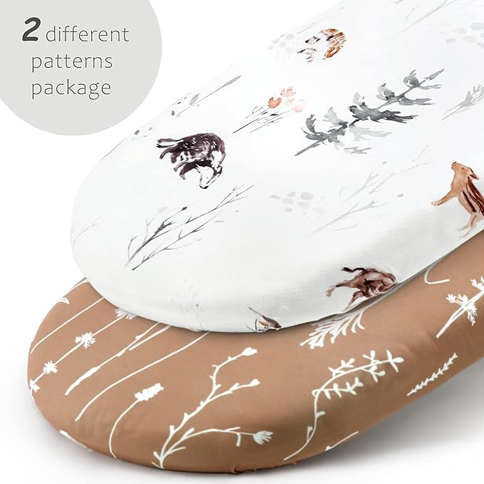 Stretch Ultra Soft Fitted Bassinet Sheet Set 2 Pack, Universal Fit for Bassinets Baby Cradle Moses Basket Oval Rectangle Mattress Safe and Snug, Stylish Pattren of Jungle Animals