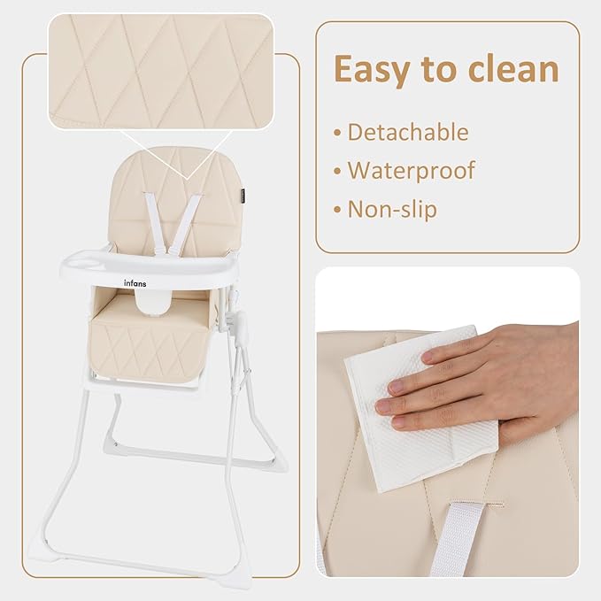 INFANS Baby High Chair, Quick Folding Portable Highchair for Babies and Toddlers with Adjustable Footrest Removable Dishwasher Tray PU Seat, Compact Highchairs for Baby Age 6-36 Months (Beige)