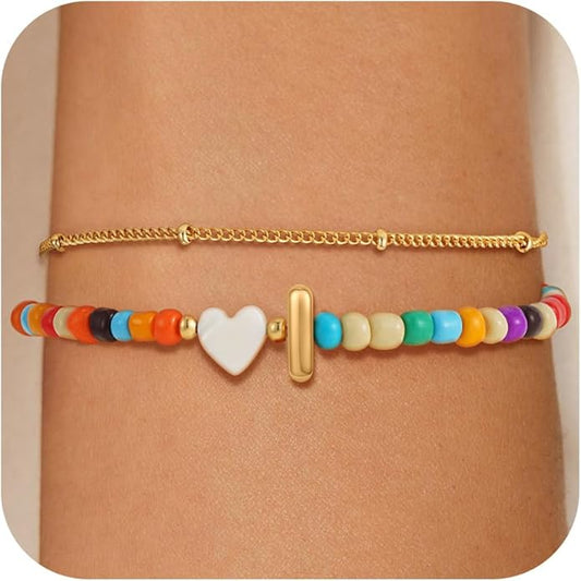 Colorful Initial Bracelets for Women Girls - 14K Gold Plated Heart Initial Letter Daint A-Z Charm Bracelet Summer Jewelry Teen Girl Gifts for Teen Kids