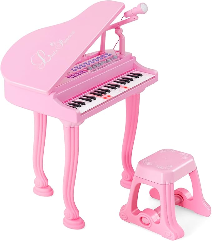 HONEY JOY Classical Kids Mini Grand Piano, 37-Key Electronic Piano with Music Stand & Stool, Portable Musical Instrument Toy for Kids (Pink, 37 Keys)