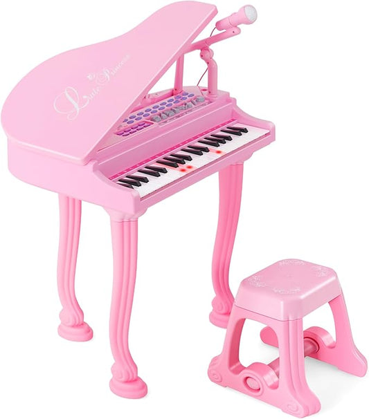 HONEY JOY Classical Kids Mini Grand Piano, 37-Key Electronic Piano with Music Stand & Stool, Portable Musical Instrument Toy for Kids (Pink, 37 Keys)