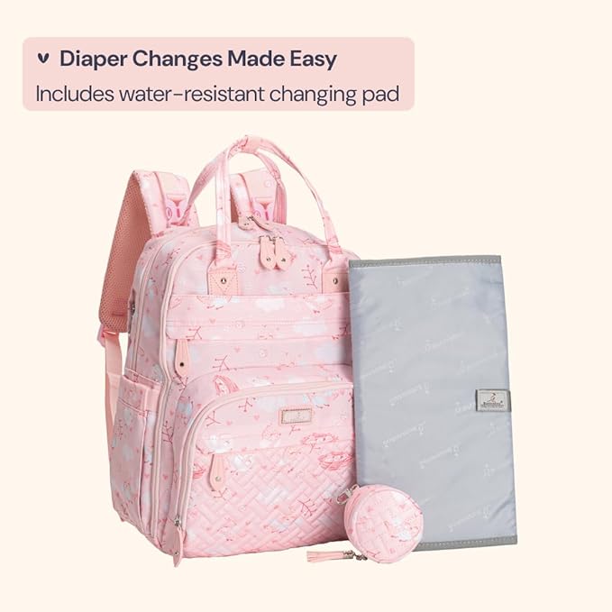 BabbleRoo Diaper Bag Backpack - Baby Essentials Travel Tote - Multi Function Water Resistant Diaper Bag, Travel Essentials Baby Bag with Changing Pad, Stroller Straps & Pacifier Case - Pink Birdy