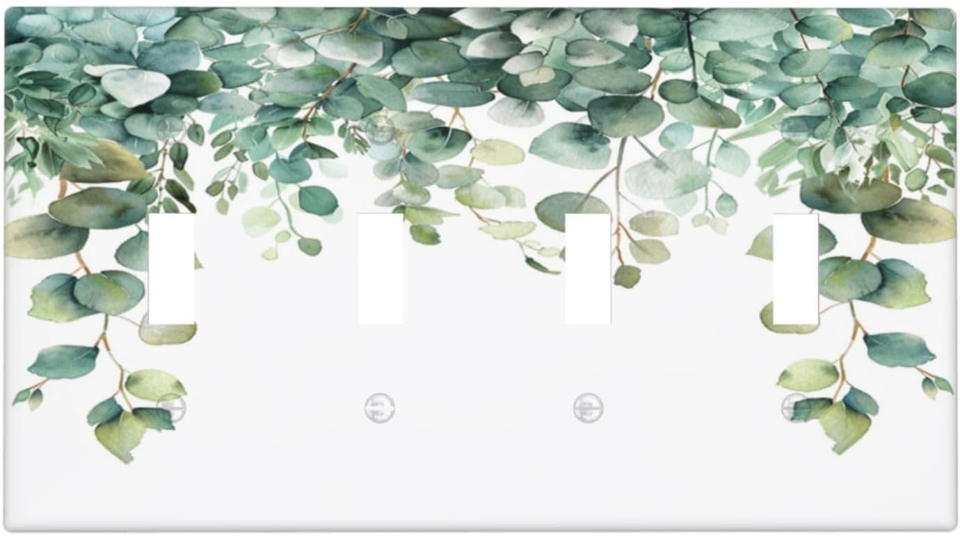 Decorative Switch Covers Plate Rustic Green Eucalyptus Leaves 4 Gang Artistic Wall Plate Unique Quad Toggle Light Switch Plate Jumbo Faceplate for Country Bedroom Kitchen Home Decor