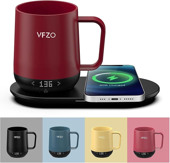 Temperature Control Smart Mug, Self Heating Coffee Mug LED Display, 180 Min Battery Life - Hot up to 149℉ Fast Wireless Charger Base Improved Design coffee serving sets (12oz, Burgundy)