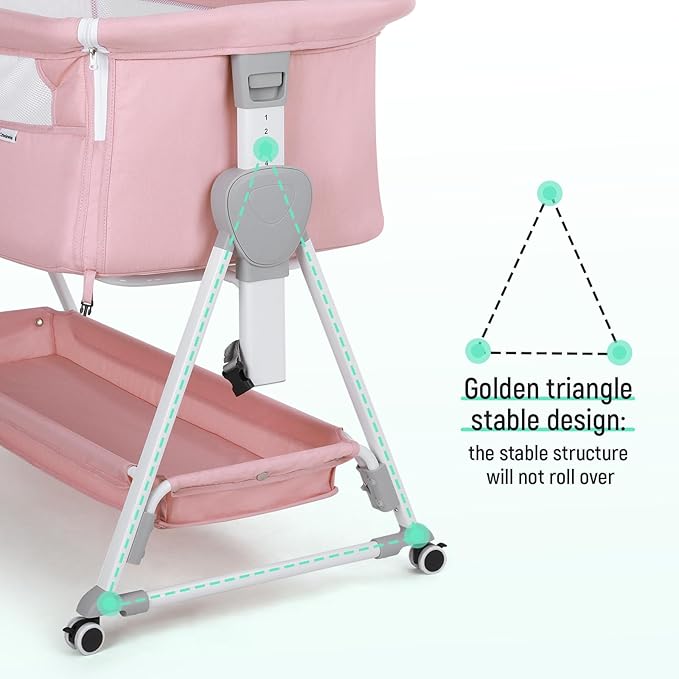 Cowiewie Bassinet Bedside Sleeper, Baby Bassinet with 7 Adjustable Height, Bedside Bassinets for Baby with Breathable Mesh Sides & Mattress, XL Storage, Easy Folding Crib (Pink and White)