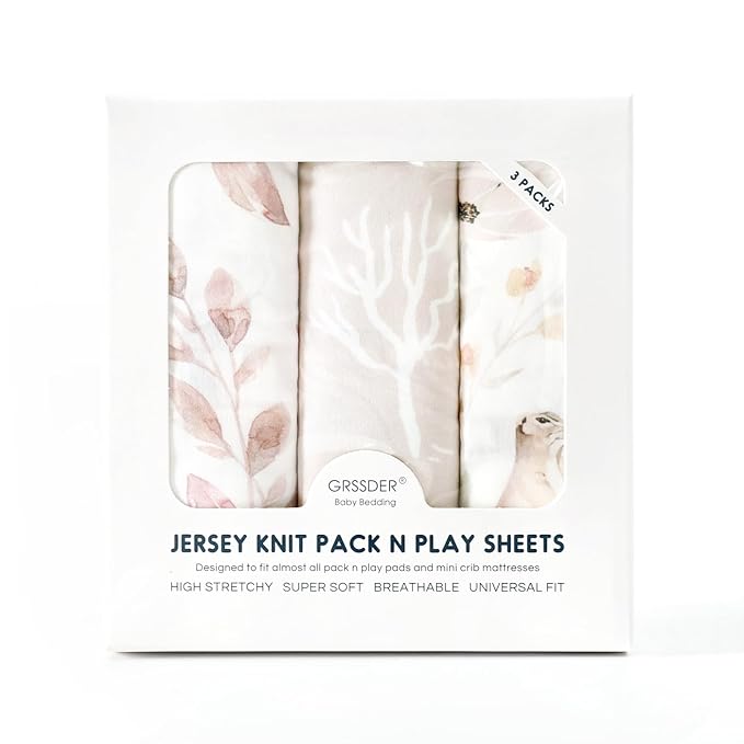 Stretchy Ultra Soft Jersey Knit Fitted Pack n Play Sheets 3 Pack, Portable/Mini Crib Sheets for Girls, Universal Fit for Pack N Plays Safe and Snug, Beautiful Blush Pink Floral and Cute Animals Print