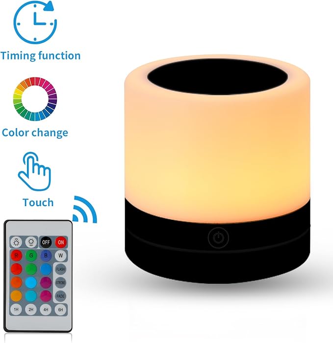 Nursery Night Light for Kids, USB Rechargeable Small Desk Lamp,13 RGB Colors & 4 Brightness & 1 Remote, Touch Bedside Cordless Table Lamp, Portable Night Lamp for Bedroom Living Room Home (Black)