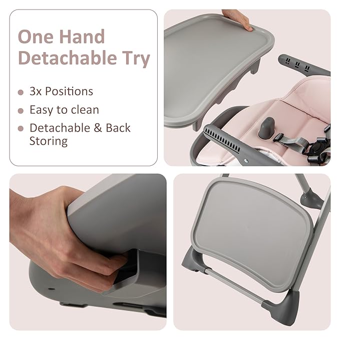 INFANS Baby High Chair, Convertible Quick Folding Portable Highchair for Babies and Toddlers with Adjustable Height Backrest Footrest 2 Wheels Removable Tray, Easy to Clean PU Seat (Pink)