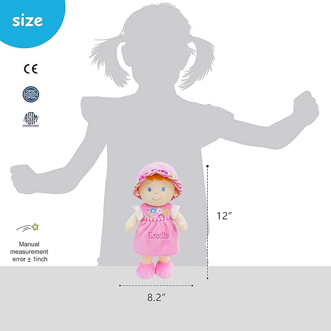 June Garden Personalized Soft Dolly Emilia - Stuffed Soft Baby Doll for Birth and Up with Custom Name - Pink Dress - 13"