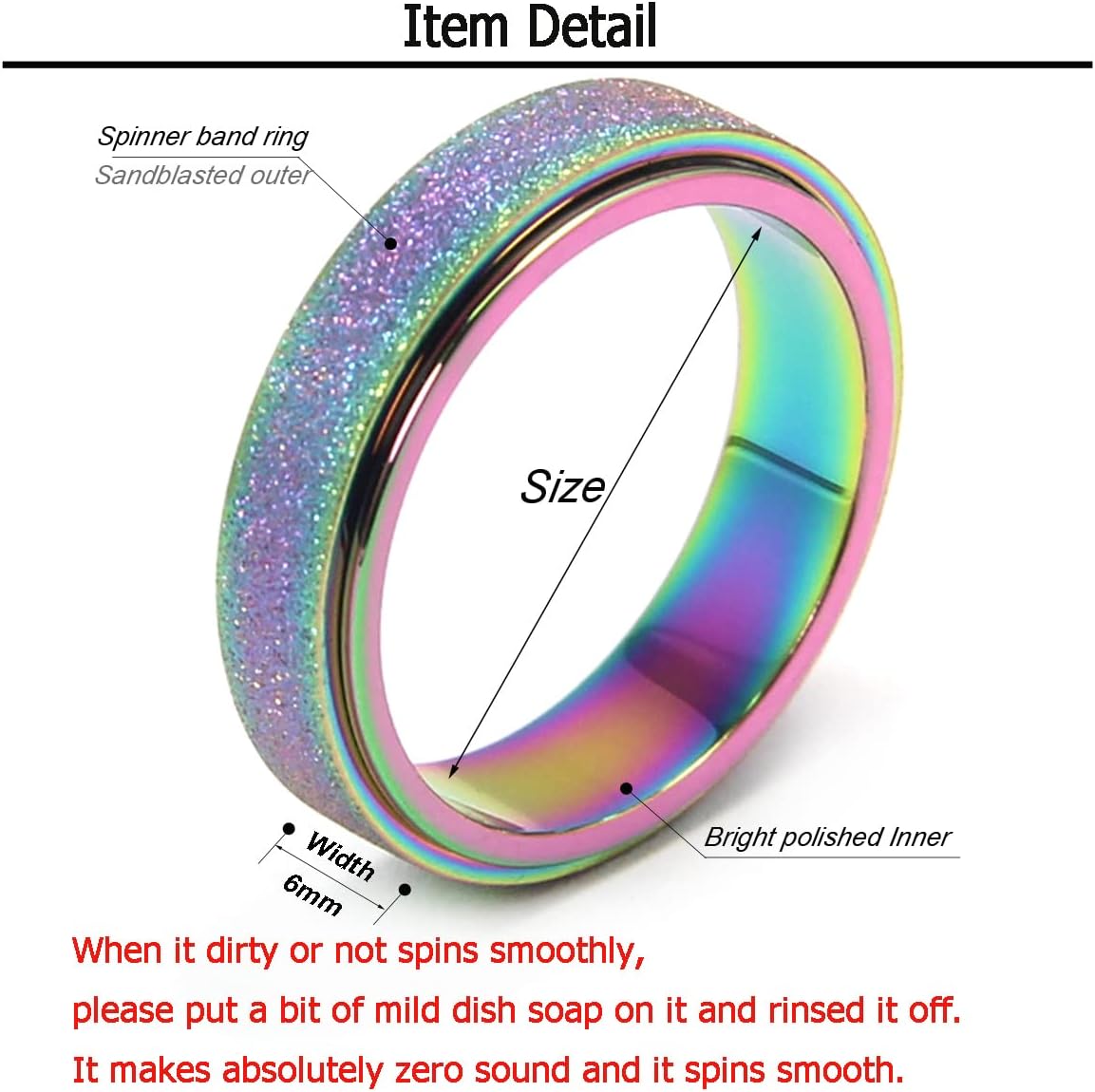 Anxiety Ring for Women Men, Titanium Stainless Steel Spinner Ring, 5 Colors, 6MM, Size 6-10, 3 Styles Anxiety Ring-Moon Star, Sandblasted Finished, Hollow Outer