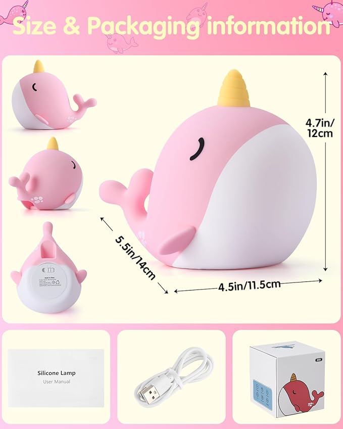Fuloon Narwhal Night Light with Whale Shape, Squishy Silicone Kids Lamp, Safe & Soothing Touch Control for Kids and Babies, USB-C Rechargeable, 30-Min Auto Timer, Gift Idea (Pink)