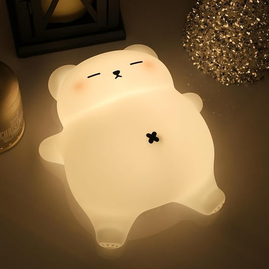 Bear Night Light for Nursery, Rechargeable Soft Silicone Baby Night Lamp with 3-Level Dimming, Touch Control, 30-Min Timer & Soothing Snore Sound, Moving Tummy, Cute Sleepy Bear Kids Bedroom Decor
