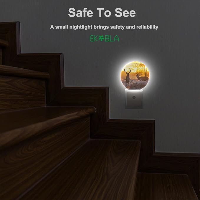 EKOBLA Deer Night Lights Plug into Wall Deer Elk Animals River Creek Autumn Woods Night Light with Dusk to Dawn Sensor LED Lamp for Men Women Boys Girls