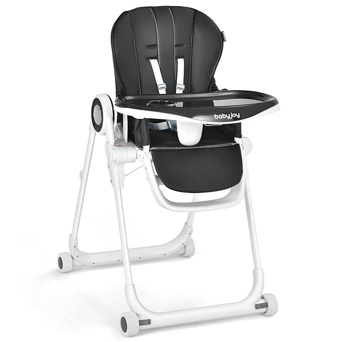 BABY JOY High Chair for Babies & Toddlers, Foldable Highchair with Adjustable Backrest/Footrest/Seat Height, Double Removable Trays, Detachable Seat Cushion, 4 Lockable Wheels (Black)