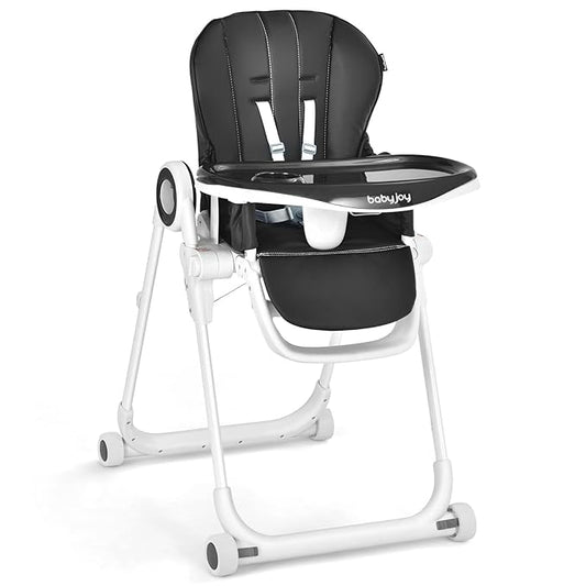 BABY JOY High Chair for Babies & Toddlers, Foldable Highchair with Adjustable Backrest/Footrest/Seat Height, Double Removable Trays, Detachable Seat Cushion, 4 Lockable Wheels (Black)