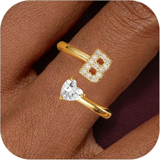 Initial Gold Rings for Girls Women - Dainty 14K Gold Plated Adjustable Letter A-Z Rings Teen Girls Gifts Trendy Stuff Heart CZ Initial Ring Teens Birthday Gift for Girls Non Tarnish