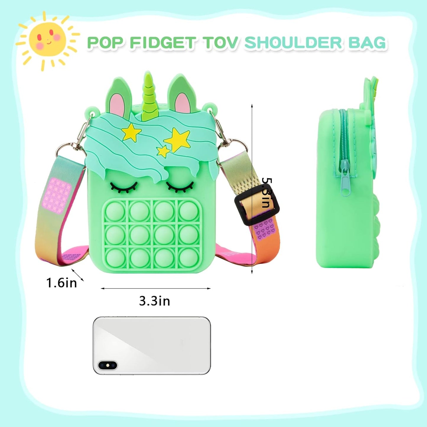 Civan Small Pop Purse, Green Bags Kids Girls Toys Unicorn Pop Purse for Girl and Women Pop Bag Unicorn Pop Toy, Shoulder Bag Fidget Toys Pop Fidget Backpack Toy for ADHD Anxiety
